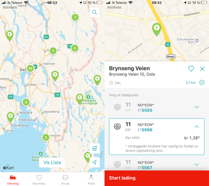 Oversikt over Oslo bydel og ladestasjoner i Oslo gjennom EON Drive appen